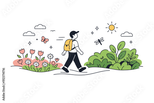 Spring blooms to summer greenery. A character walking through a landscape that shifts from blooming flowers to dense green plants. Peaceful seasonal