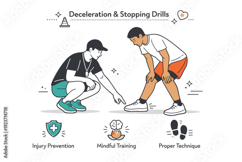 Deceleration and stopping drills. A coaching moment with a trainer pointing at foot placement while an athlete listens attentively. Learning