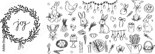 Easter bunny illustration with whimsical floral frame and ribbon bow, perfect for spring greeting cards, cottage-style designs, and festive decorations.