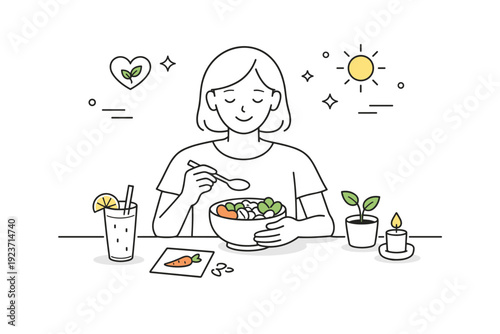 Plant-based wellness moment. A person enjoying a bowl of vegan food or smoothie, sitting calmly at a table. The atmosphere feels nourishing, relaxed, and