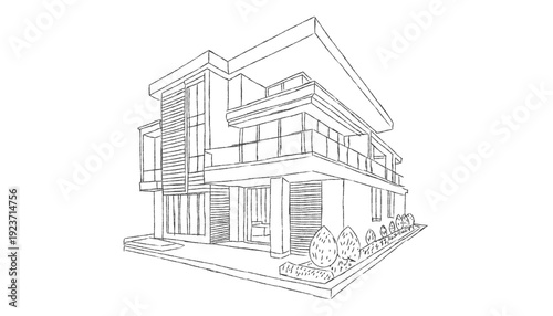 Architectural sketch of a modern house in perspective view. Clean line drawing showing exterior structure, balcony, windows and entrance details.