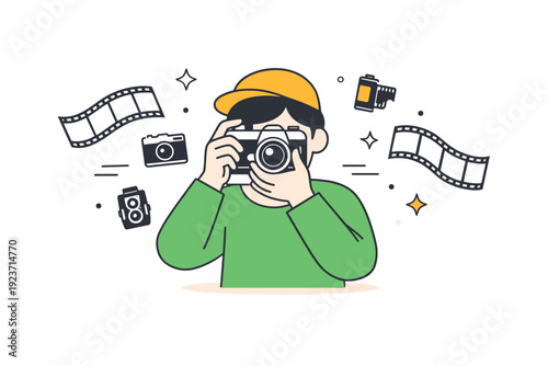 Analog photography. A person taking photos with a classic film camera, floating film strips and small camera icons, focused and creative
