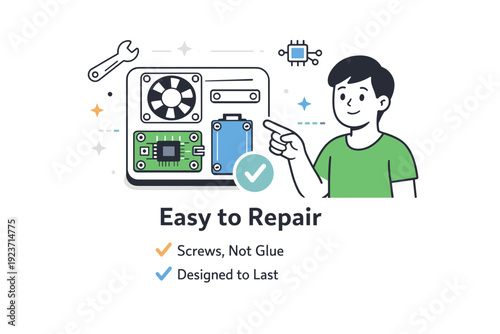 Repair-friendly design check. A person pointing at components that are screwed, not glued, with subtle floating wrench and circuit icons, practical and