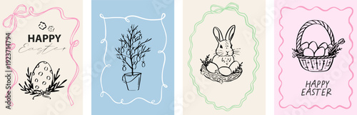 Easter bow whimsical floral frame ribbon coquette bunny flower spring for scrapbook and crafts with cute style. Border rabbit drawn design line vector pink graphic hand for social or design