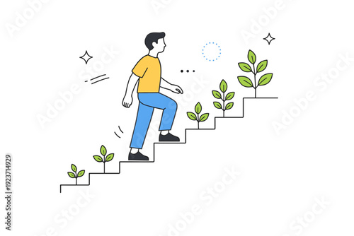 Personal growth journey. A person walking up simple abstract steps with a small plant growing beside each step. Feeling of gradual improvement, confidence, and