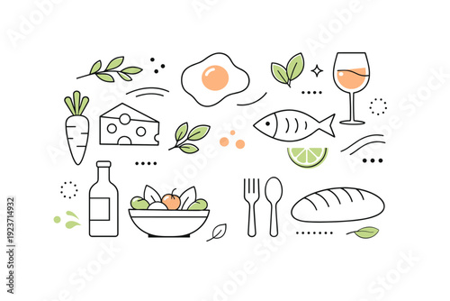 Modern culinary background design. Clean arrangement of minimal food icons and organic shapes suggesting taste and freshness. Light, stylish atmosphere for