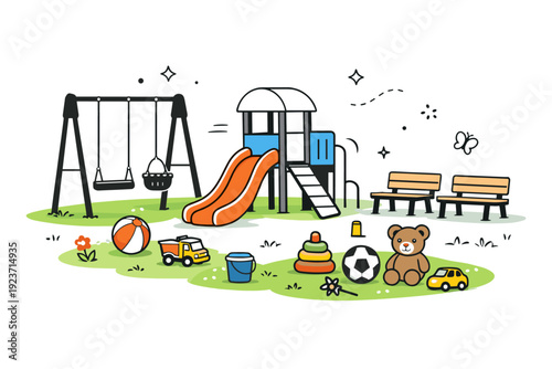Playground leisure composition. A tidy arrangement of swings, slides, benches, and scattered toys on a spring lawn, showing organized playtime and family fun.