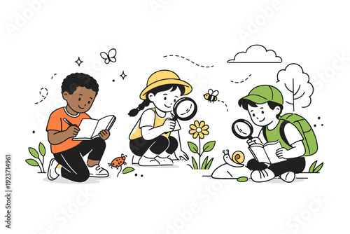 Exploring Nature's Wonders. Nature-based education. An editorial illustration of children exploring plants and insects with notebooks and magnifying glasses in