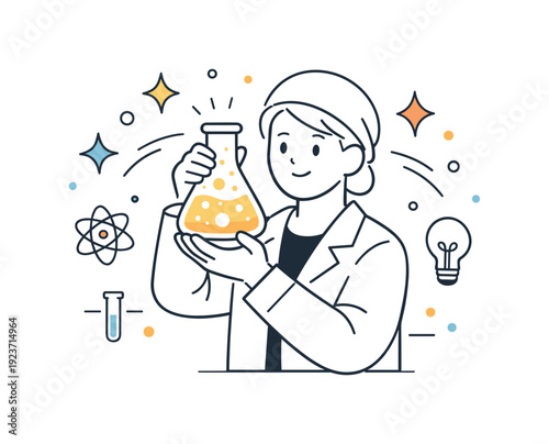 Innovative Lab Discovery. Laboratory innovation concept. A researcher holds a glowing flask, abstract stars and dots hover around to symbolize discovery and