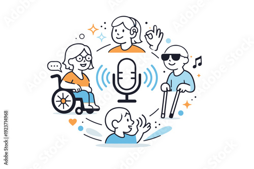 Voice UI accessibility symbol. Voice interaction icons combined with inclusive cues, showing ease of use for different users. Warm,