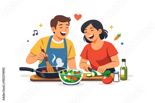 Couple cooking together captured in a joyful moment of laughter and movement around the kitchen counter. A simple concept illustration