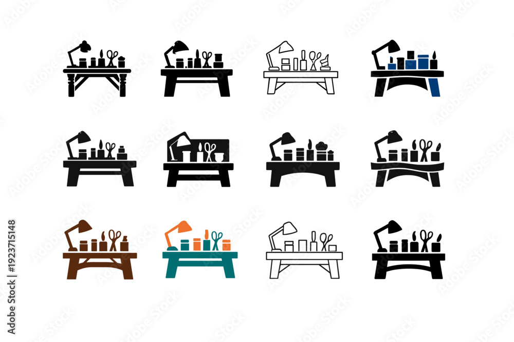 Naklejka premium Handicrafts. Icon set. Set Logo of Handicrafts: craft workshop table. harmonious logo variations of the same emblematic concept, each with different artistic