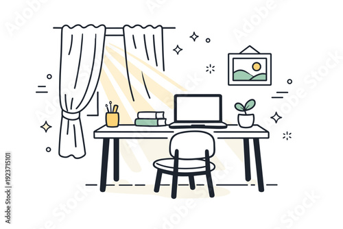 Sunlit Interior Serenity. Light through curtains. A peaceful interior moment where sunlight passes through light fabric curtains onto a simple desk or chair.