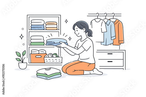 Wardrobe Organization Harmony. Wardrobe organization. A character folding clothes and placing them into shelves, creating visual harmony. Calm domestic moment