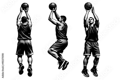 Athlete motion pose basketball jump shot form represented as one athlete body object presented in three distinct angles emphasizing arm