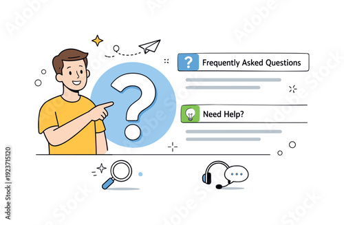 Man pointing to a question mark and FAQ section, representing customer support and help
