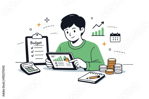 Budget planning illustration. A person calmly reviewing numbers on a tablet with charts and coins nearby, showing focused financial planning and control.