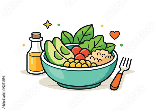 Healthy buddha bowl with avocado, chickpeas, quinoa, and greens, served with oil