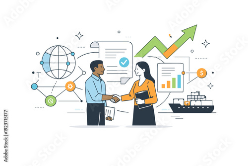 Trade agreements in emerging markets. Abstract growth arrows, documents, and connected nodes floating around people. Optimistic vision of