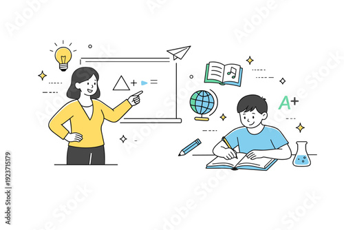 Teacher and student interaction. A teacher pointing at a board while a student writes on a notebook, small educational icons floating,