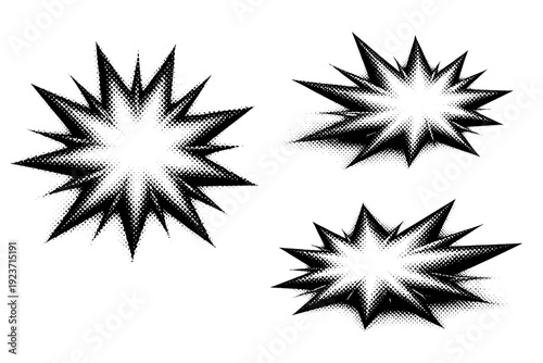 Monochrome halftone starburst explosion shape shown as a single object presented in three views: front view, angled view, and three-quarter