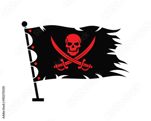 Black pirate flag with red skull and crossbones on a tattered flagpole banner cutout
