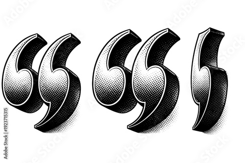 Quote typography layout depicted as a bold typographic quote mark with serif detailing presented in straight-on view, rotated perspective