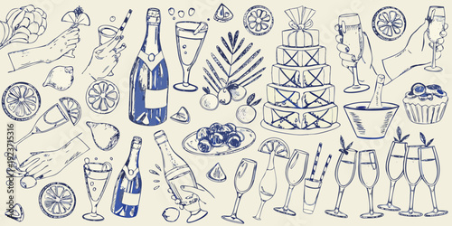 A collection of sketched celebratory drinks desserts and citrus fruit