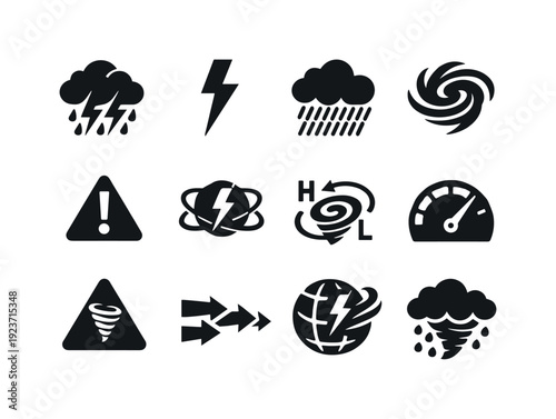 Collection of weather and storm icons including lightning, rain, hurricane, and warning signs