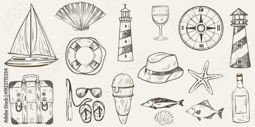 A collection of nautical themed sketches including boats lighthouses and shells