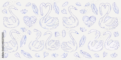 Blue line drawing of swans leaves and heart shapes arranged creatively