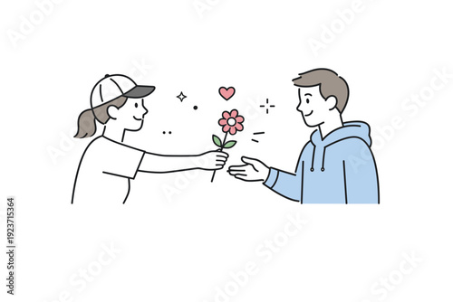 Single-flower gifting concepts. One person casually hands over a single flower, arm extended without ceremony. Simple gesture and quiet
