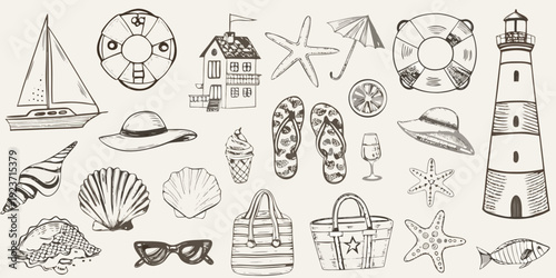 Vintage style sketch of various summer and nautical themed illustrations
