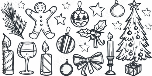 Hand drawn christmas elements including gingerbread man ornaments and festive foliage