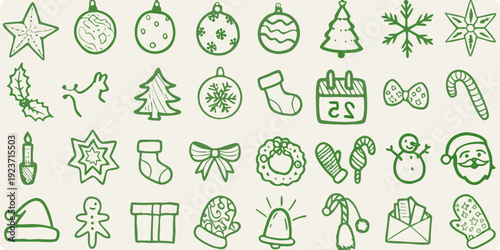 A collection of hand drawn green christmas ornaments and festive icons