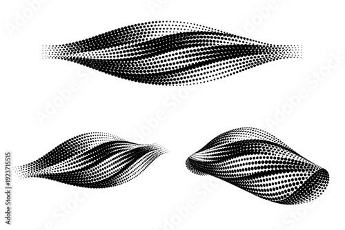 Curved striped halftone dot pattern shown as a single object presented in three views: flat top view, angled view, and