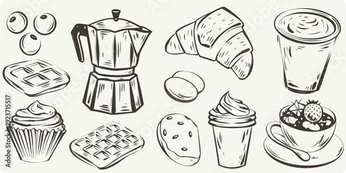 A sketch of various breakfast and dessert items arranged together