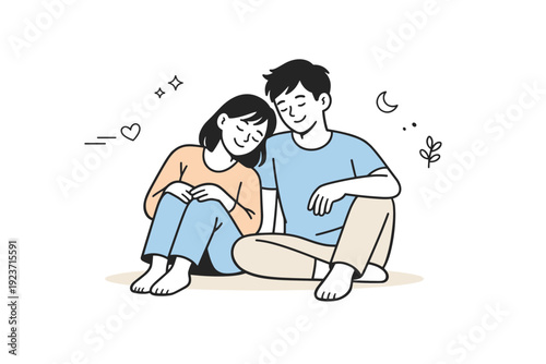 Peaceful Couple Moment. Couple enjoying quiet moment. A couple sitting close in a relaxed pose, sharing a peaceful pause together. Soft cozy feeling with lots