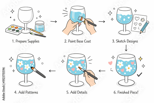DIY glassware decoration process. Step-by-step feeling with paint palette, brush strokes and simple pattern guides, focused learning and