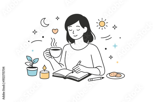 Mental health self-care. A person takes a quiet break with a cup of tea and a notebook, surrounded by gentle decorative elements. The