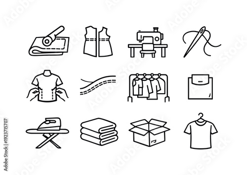 Collection of simple line icons representing sewing and garment production processes