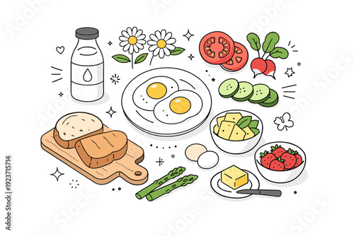 Spring holiday farmers breakfast ? Farm-style breakfast flatlay. Eggs, milk bottle, bread, vegetables, and flowers arranged from top view,