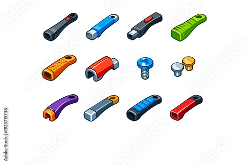 Cookware handle. Colorful isometric vector icons set of Cookware handle: frying pan handle, saucepan handle, detachable handle, cool touch