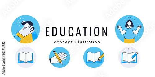 Education concept illustration with hands books and a graduate cap