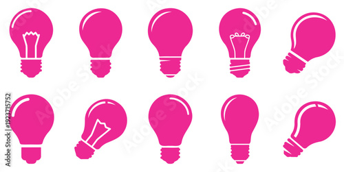 Set of pink light bulb icons and symbols, idea concept, flat design graphic vector illustration