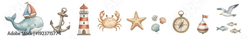 Ocean watercolor elements set: whale boat, anchor, lighthouse, crab, starfish, shells. Collection of Vector illustrations. Perfect for invitation, card, poster, banner, decoration
