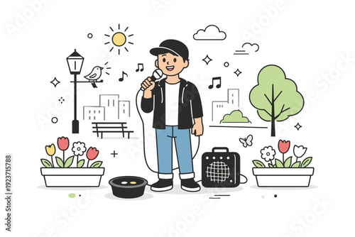 Springtime busking scene. Street performer with microphone and small amp, decorative flowers and soft city elements around, viewed from