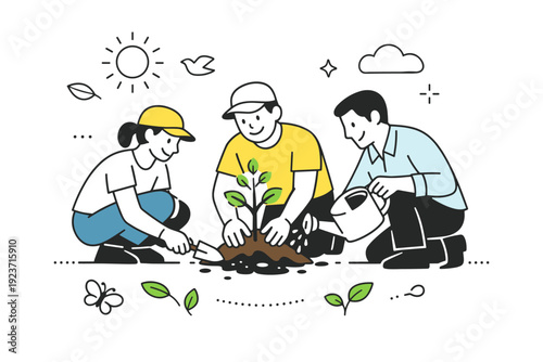 Environmental campaign graphic. A calm editorial scene with people planting a small tree together, hands and tools simplified into clean