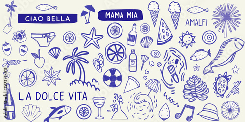 A playful doodle collection featuring italian summer themes and seaside elements