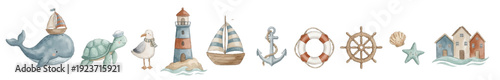 Watercolor nautical clipart set: whale, turtle, seagull, lighthouse, sailboat, houses. Collection of Vector illustrations. Perfect for invitation, card, poster, banner, decoration